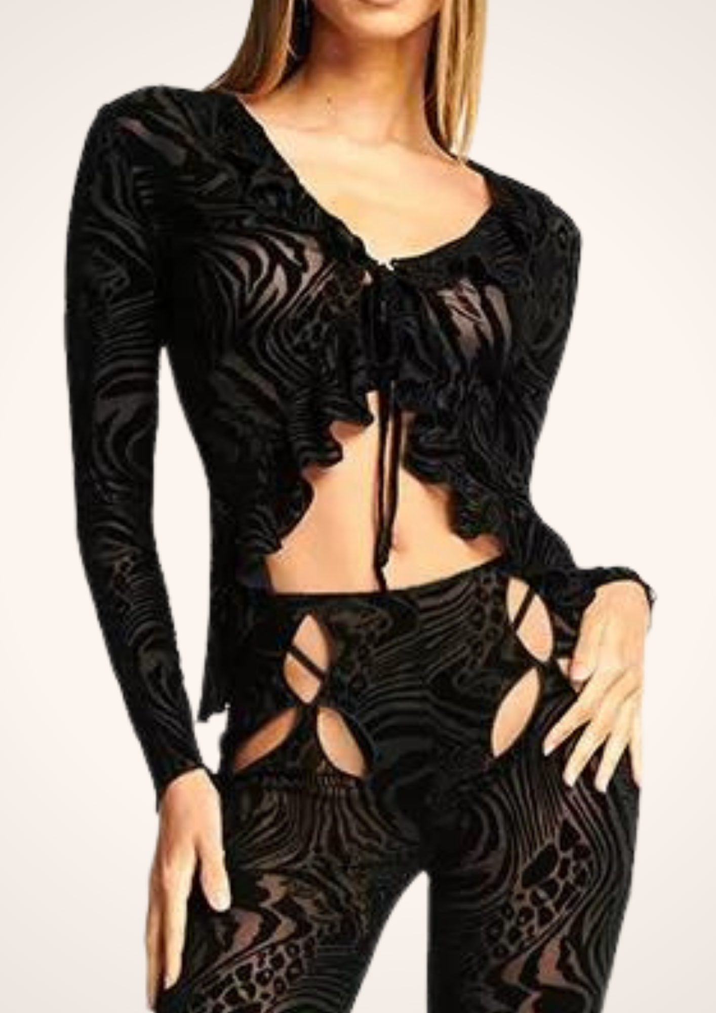 Black Sheer Long Sleeve Tie Front Crop Top, Women's Top