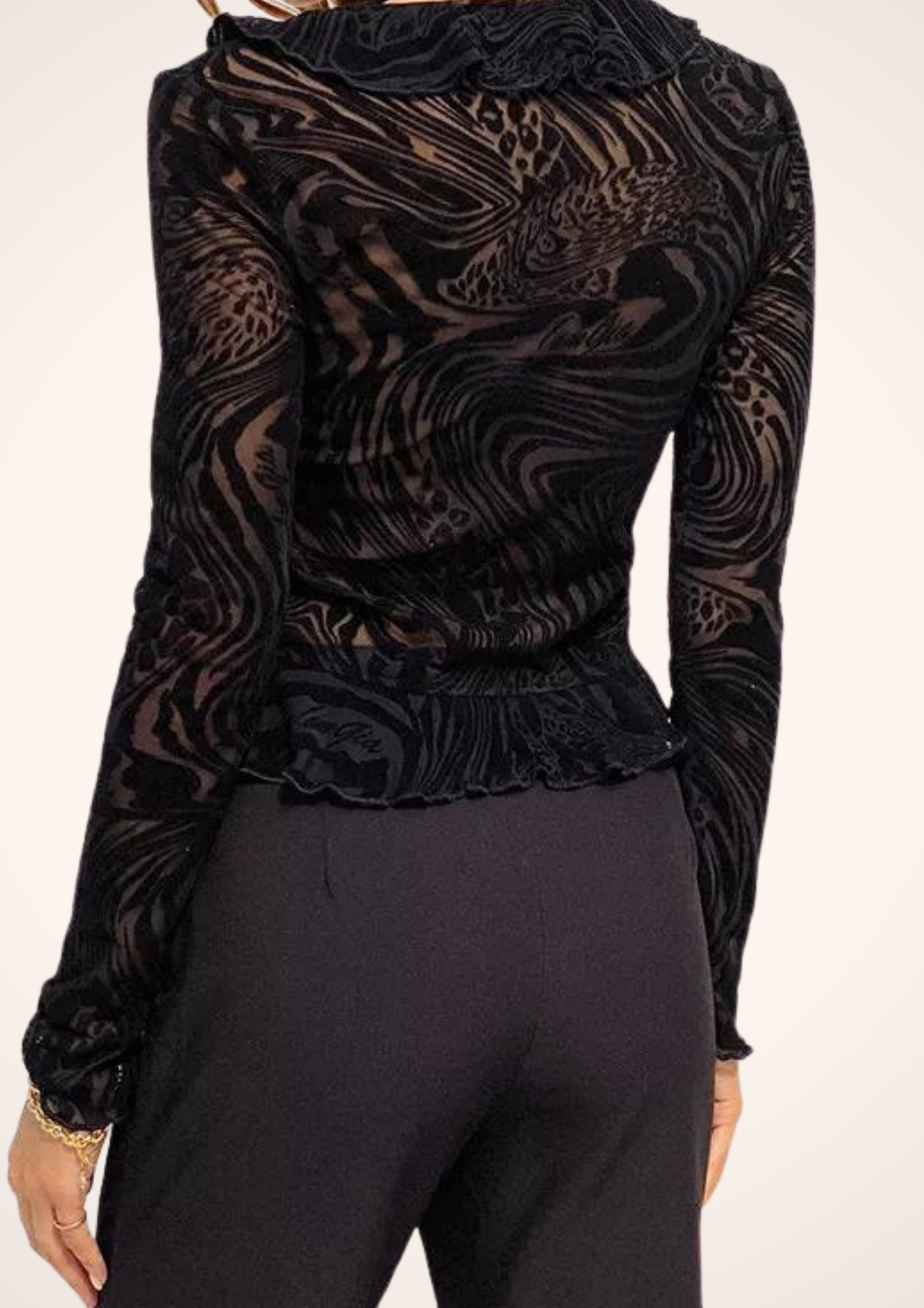 Black Sheer Long Sleeve Tie Front Crop Top, Women's Top