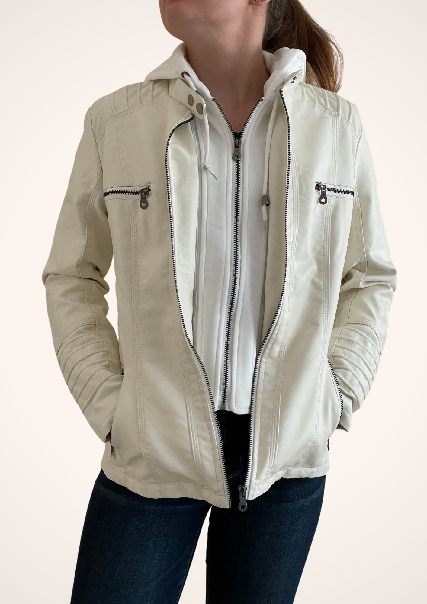 Women's White Leather Jacket with Removable Hood