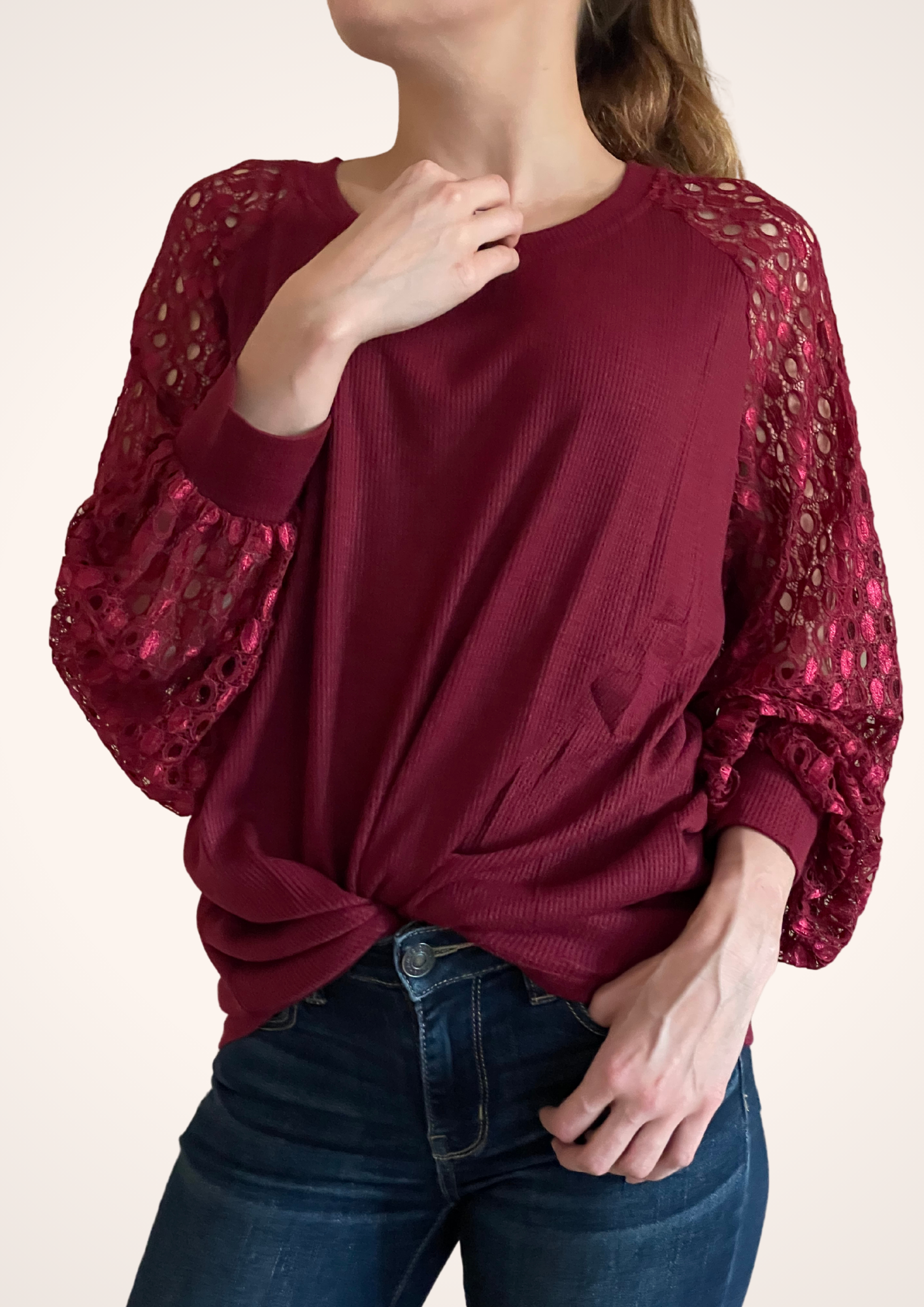 Lace Wine Red Long Sleeve Top