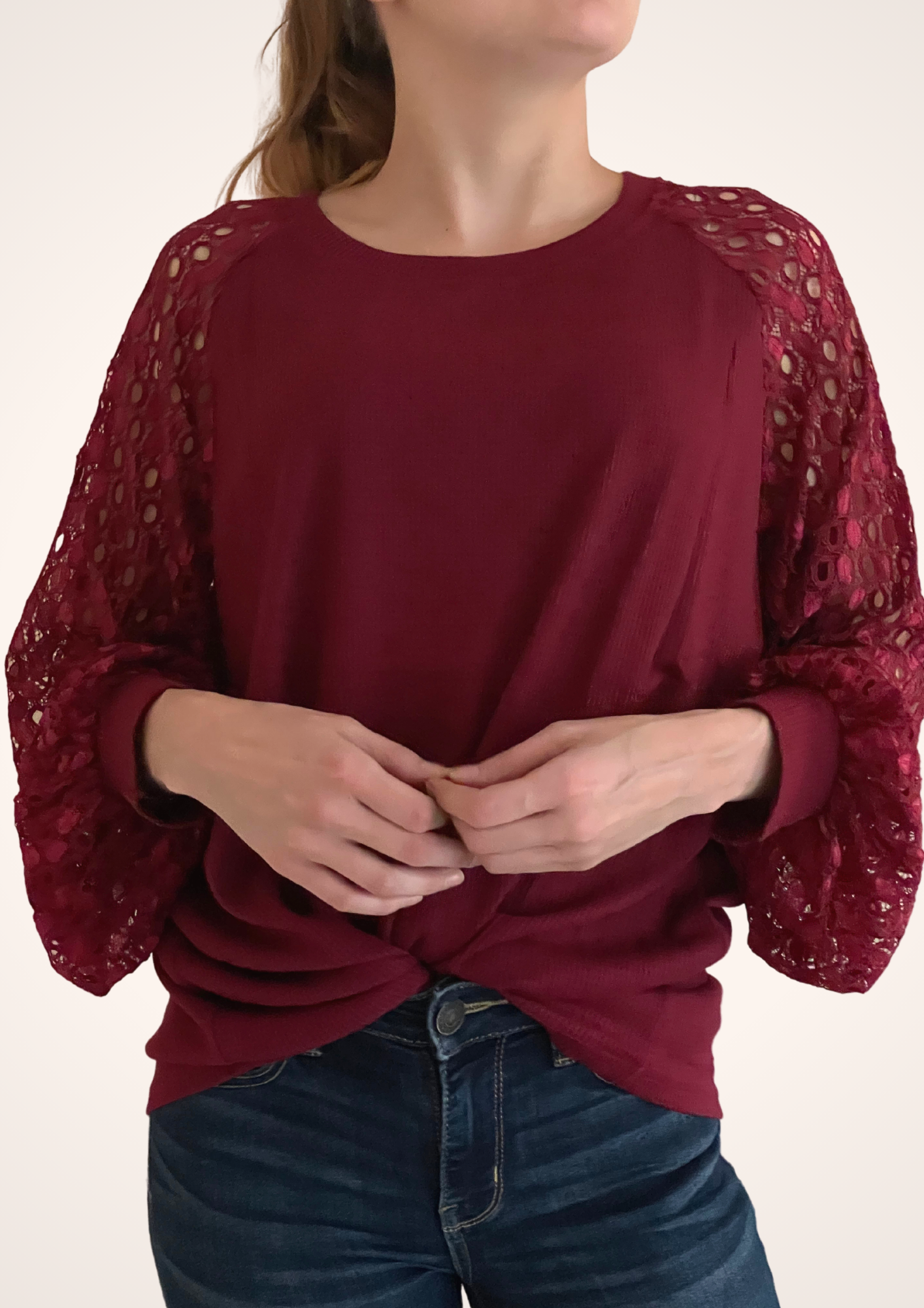 Lace Wine Red Long Sleeve Top