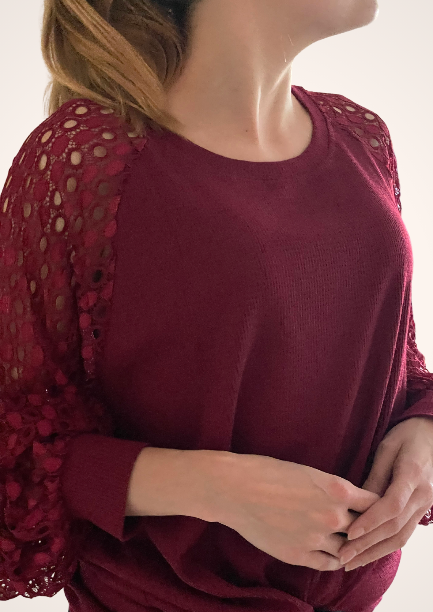 Lace Wine Red Long Sleeve Top