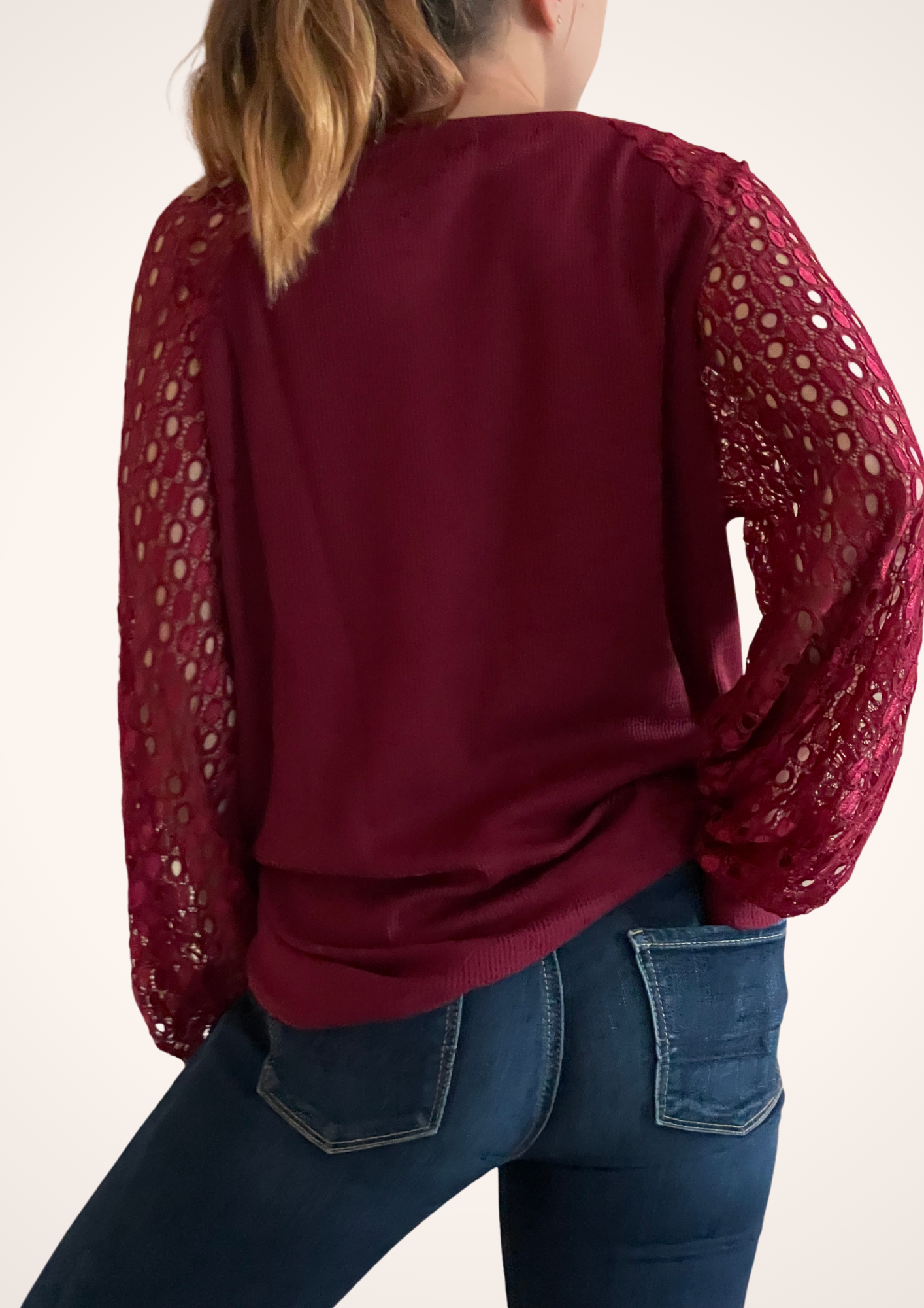 Lace Wine Red Long Sleeve Top