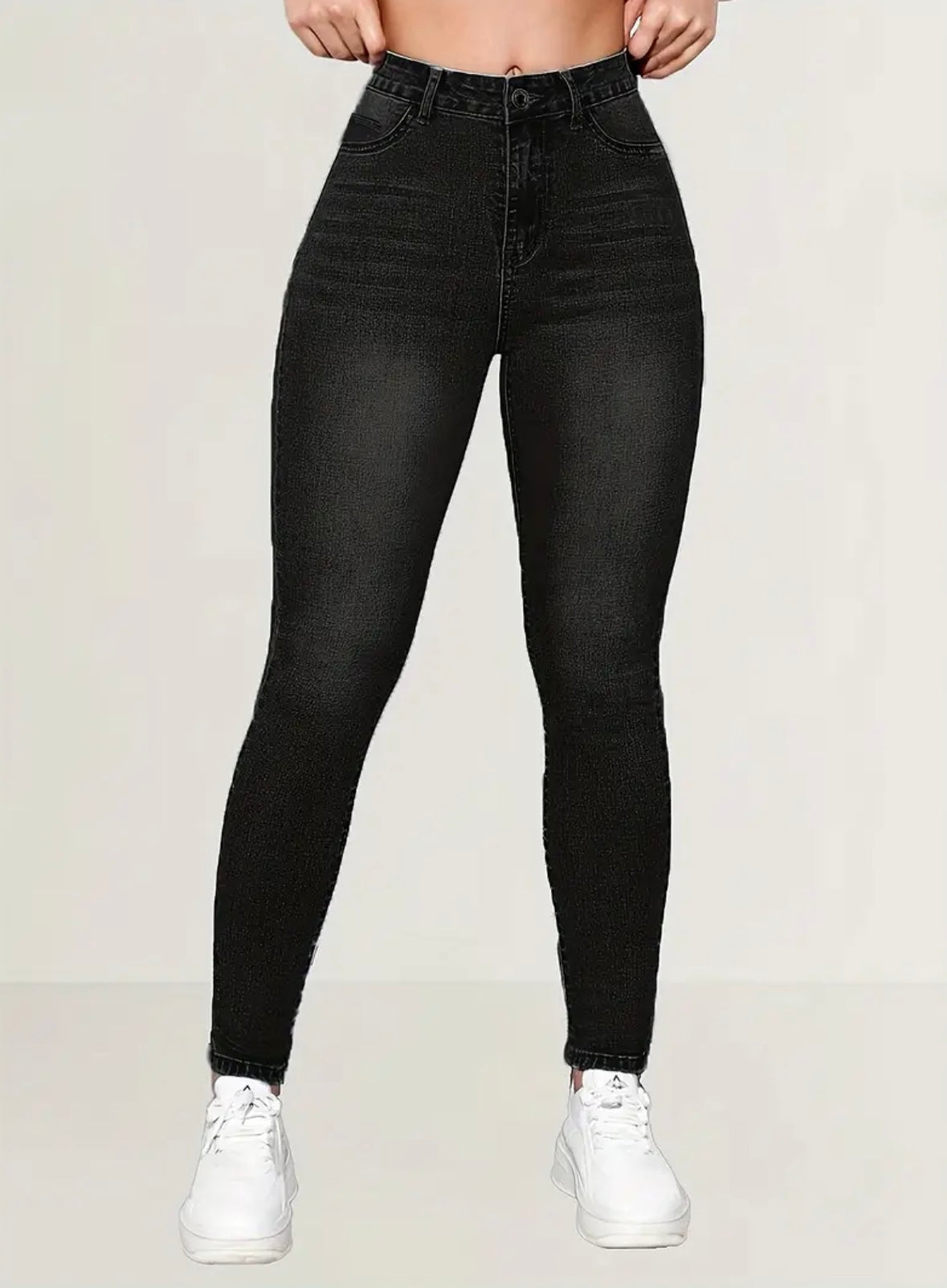 Elegant High-Waisted Black Denim Jeans for Women - Solid Black Color, Tight Fit, High Stretch Fabric, Woven, Button Detail, All-Season Wear