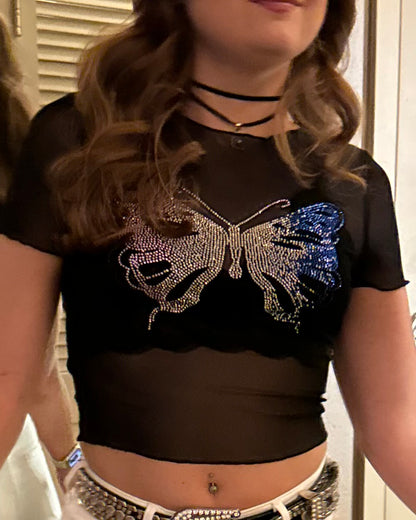 Sparkling Rhinestone Sheer Butterfly Crop Top - Breathable Mesh, Slim Fit & Feminine - Perfect for Spring & Summer Fashion - Womens Casual T-Shirt, Girly Tops,