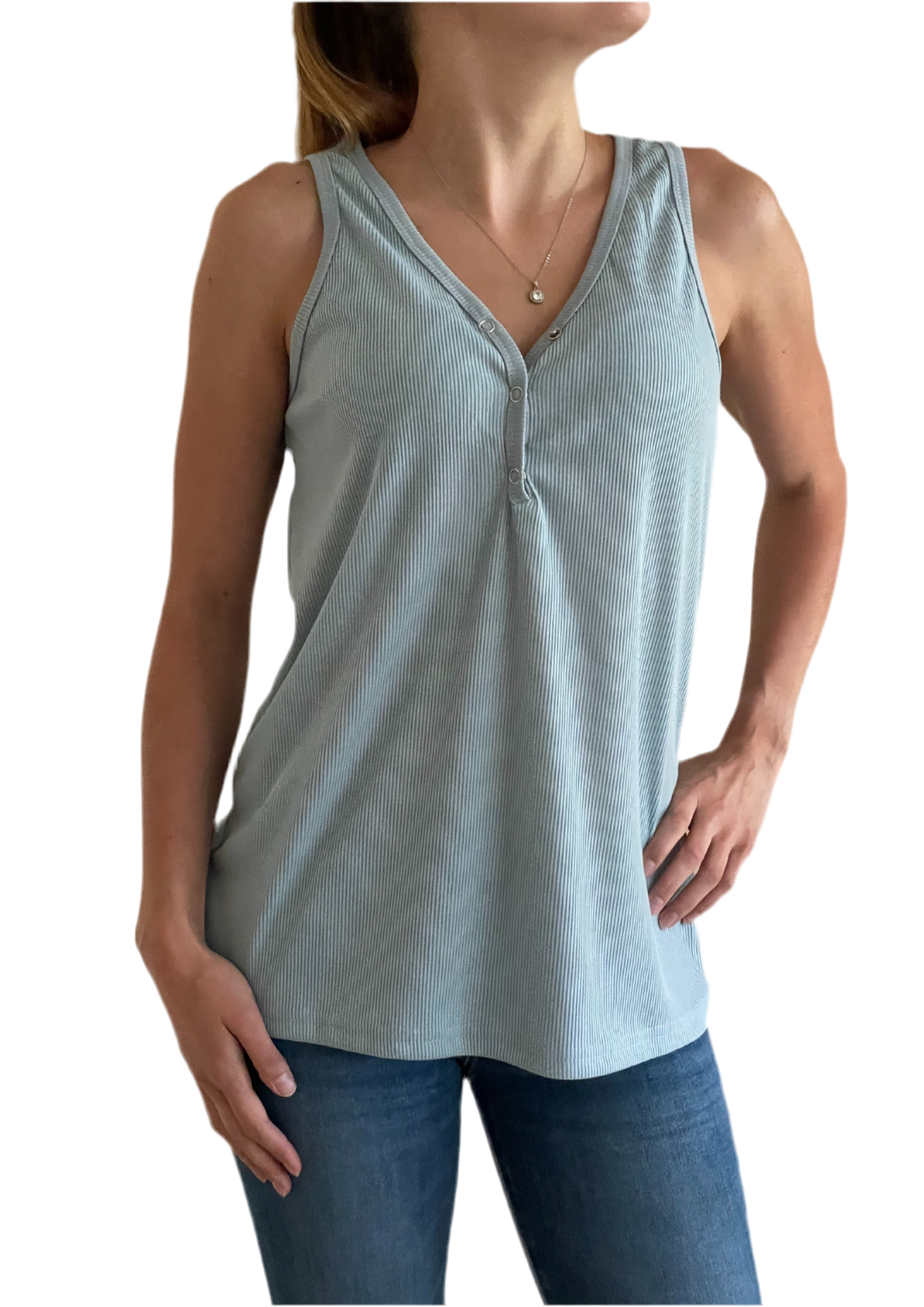 Sky Blue V Neck Ribbed Knit Sleeveless Henley Tank Top with Buttons