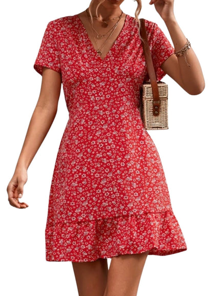Beach Lightweight Dress, Red, Blue or Black Floral Short Sleeve Deep V-Neck Dress, Cover-Up Dress