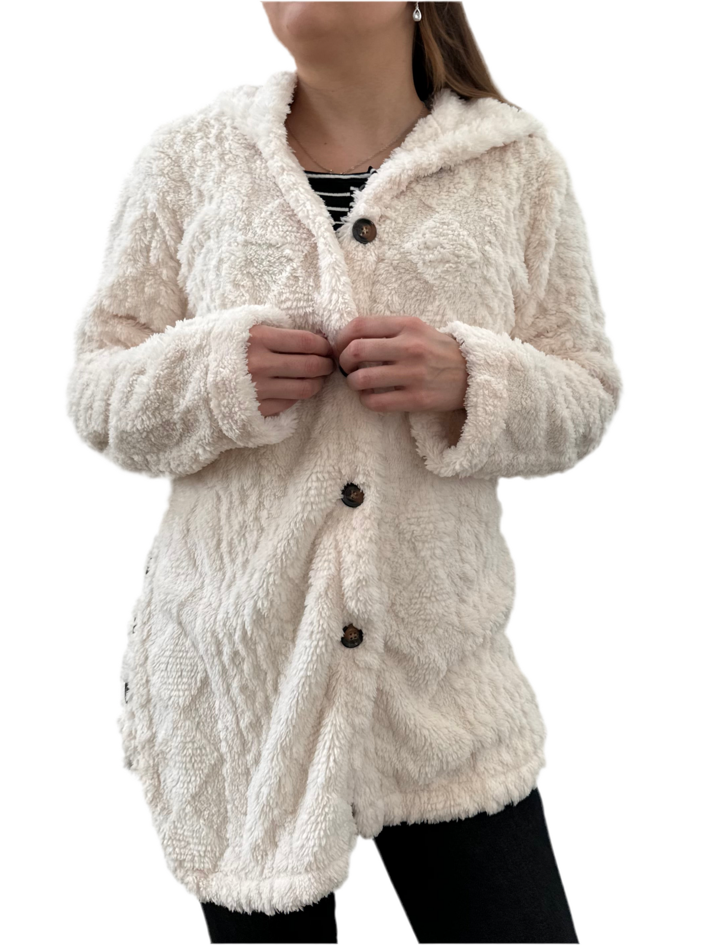 Solid Button Up Hooded Teddy Coat, Elegant Long Sleeve Split Side Faux Fur Outwear Jacket,Women's Clothing, Teddy  Autumn jackets Womenswear Comfort, Cozy Plush Fuzzy Sherpa Faux Shearling Coat