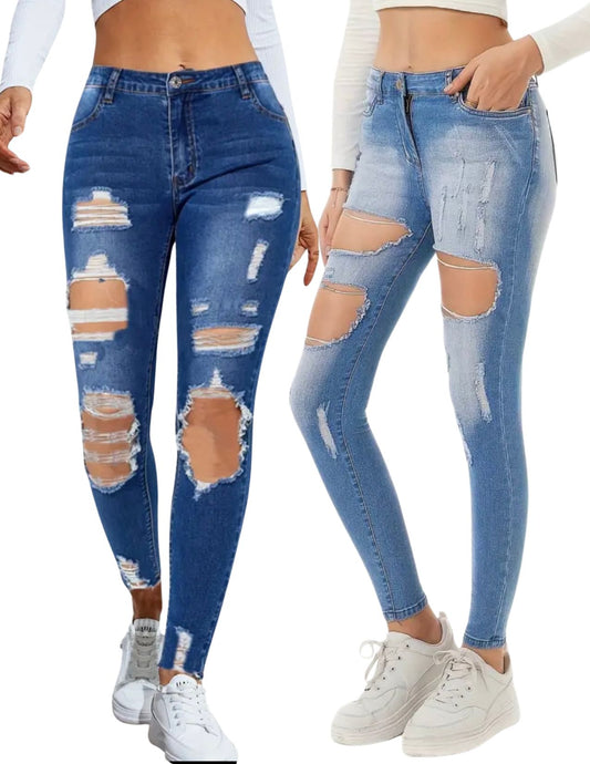 Stretchy Ripped Skinny Jeans, Water Ripple High Stretch Deep Blue Denim Pants, Casual Street Stylish Pants For Every Day, Women's Denim Jeans & Clothing