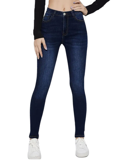 Elegant Skinny Jeans, Deep Blue Whisker Detail, Fashion Slim Fit Denim Pants, Casual Stretchy Bottom