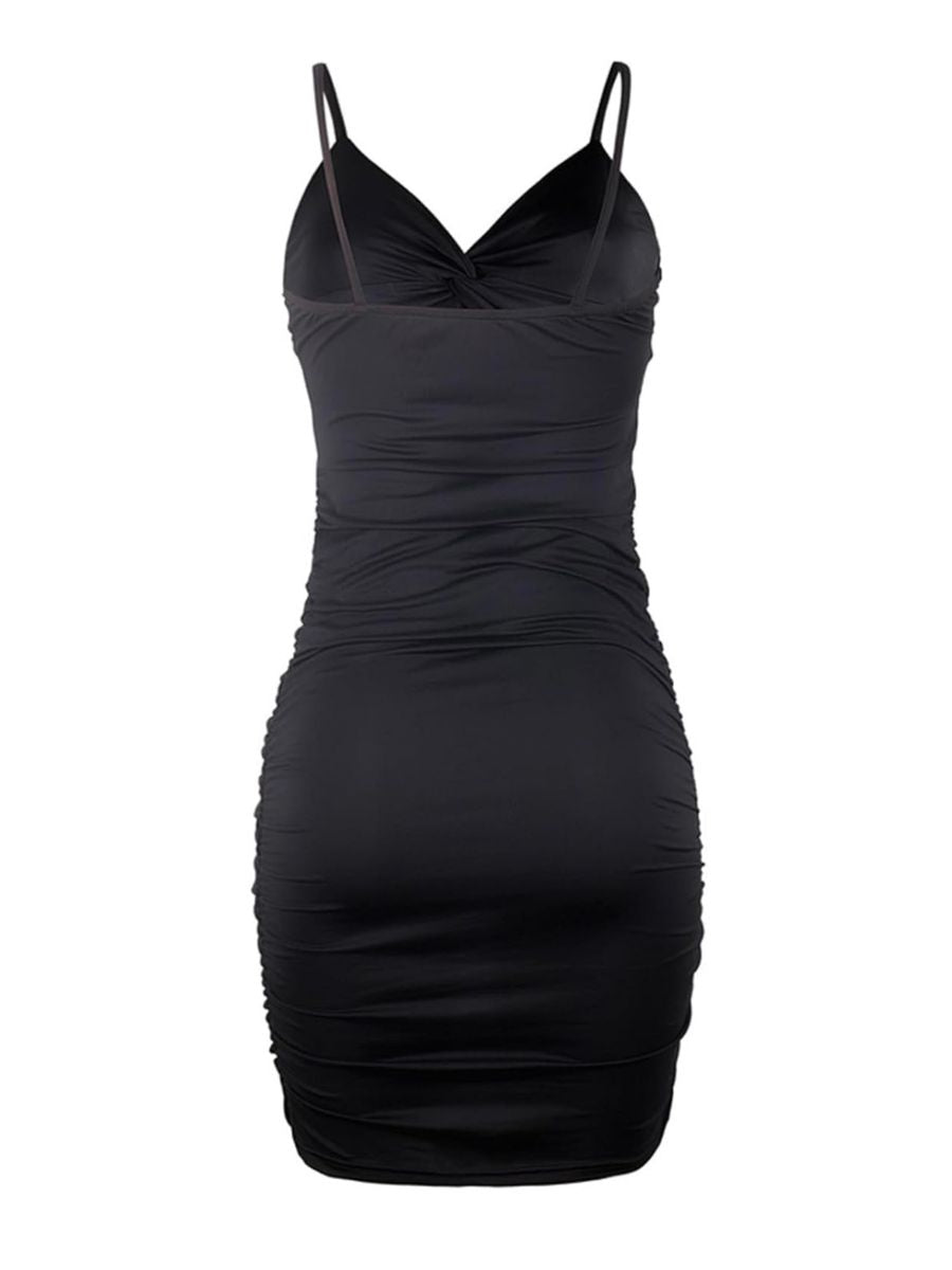 Spaghetti Strap Sexy Ruched Low Back Black Dress