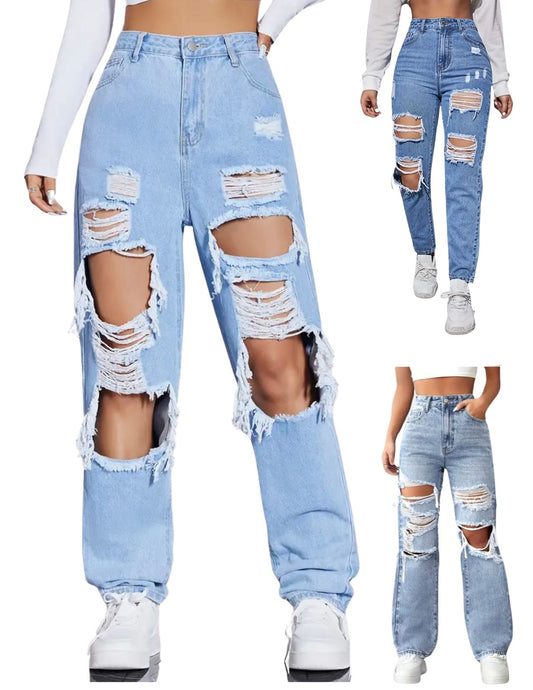 Ripped Holes Distressed, Baggy Jeans with Holes, High Rise Washed Blue Streetwear Denim Pants, Women's and Girl’s Denim Jeans & Clothing
