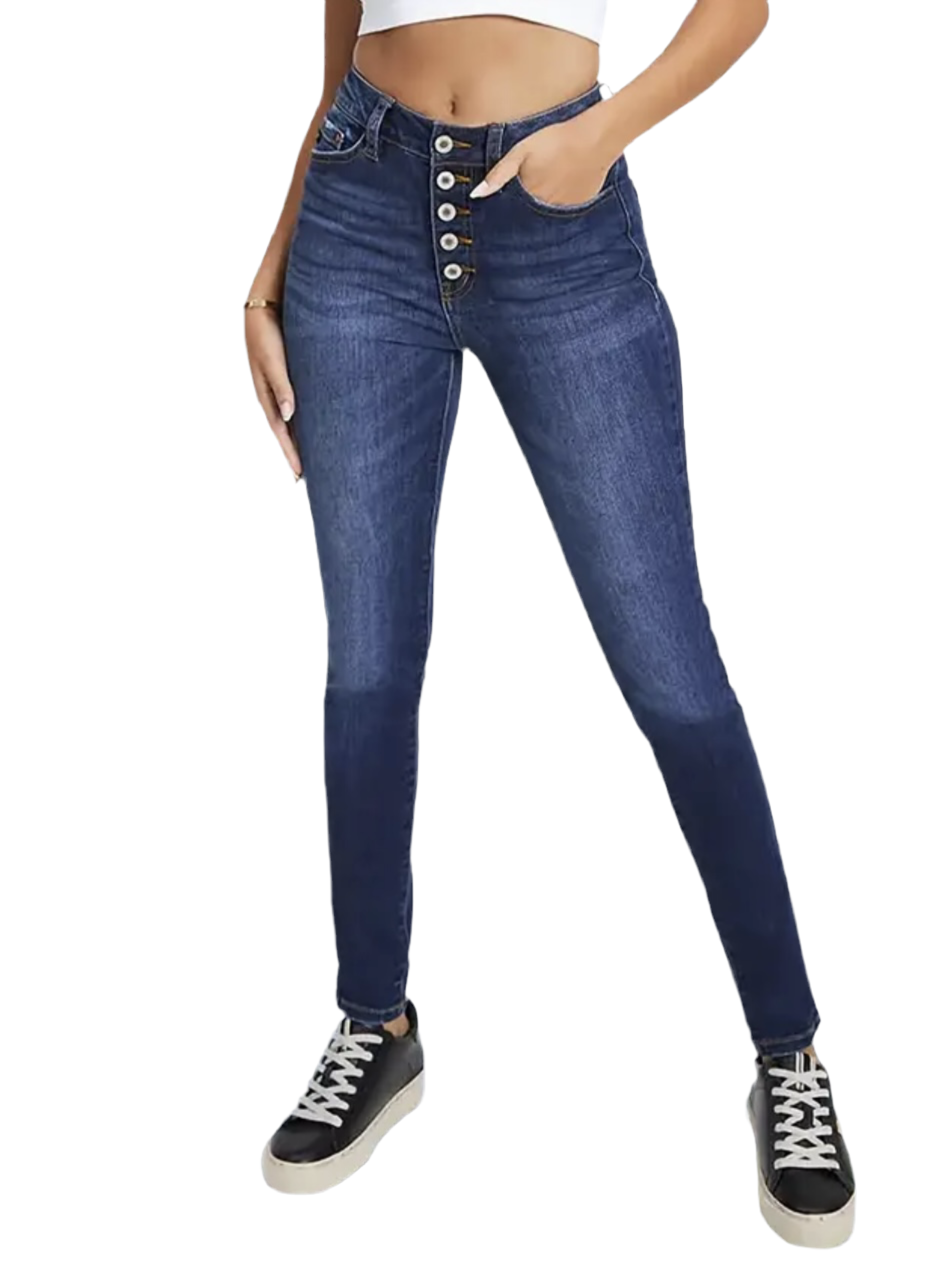 Single-Breasted 5 Button High Rise Whiskering Denim Pants, Medium Stretch Slash Pocket Skinny Jeans, Women's Denim Jeans & Clothing