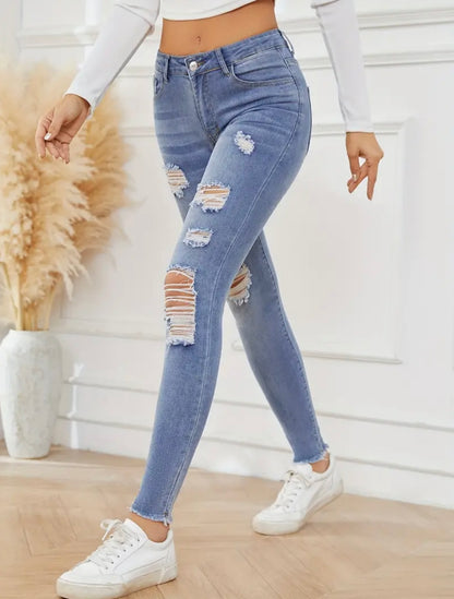 Mid Rise Ripped Holes Washed Skinny Jeans, Slant Pockets Raw Hem Stretchy Tight Jeans, Women's Denim Jeans & Clothing