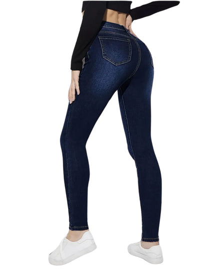 Elegant Skinny Jeans, Deep Blue Whisker Detail, Fashion Slim Fit Denim Pants, Casual Stretchy Bottom