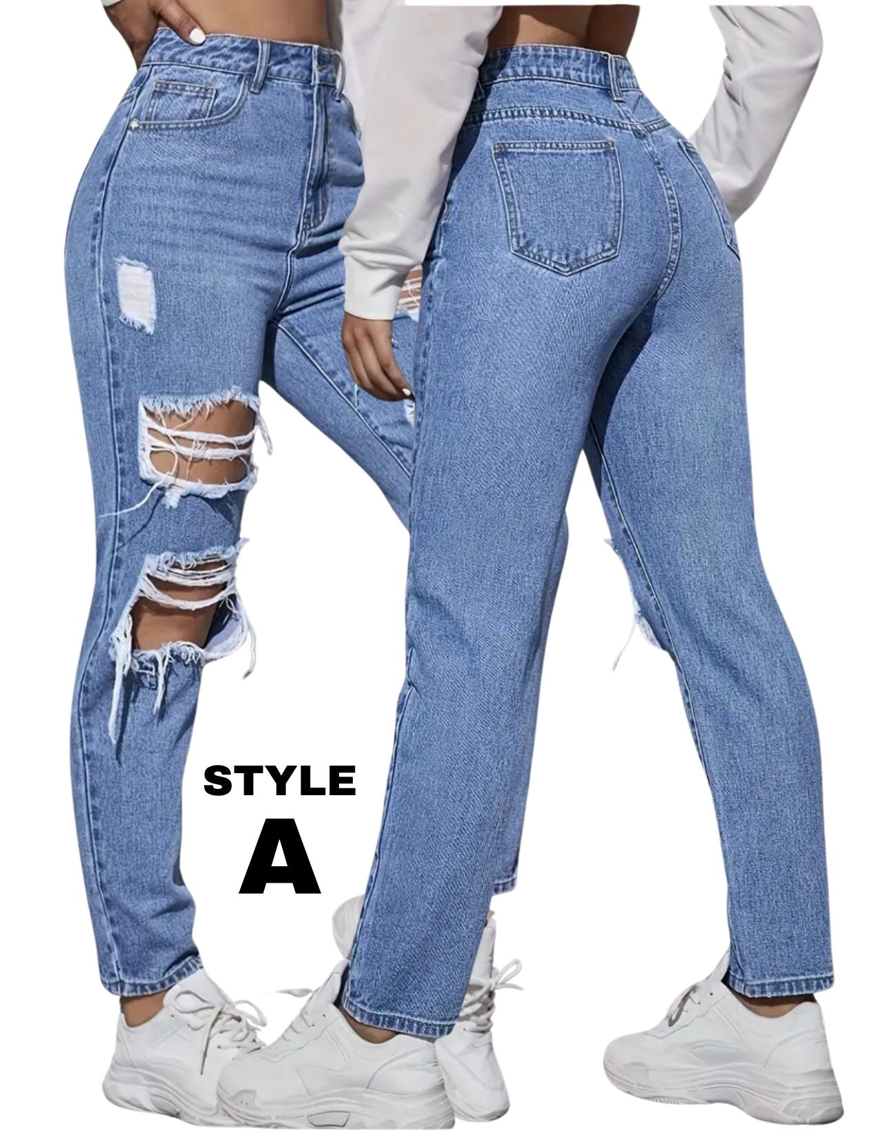 Ripped Holes Distressed, Baggy No Stretch Jeans with Holes, High Rise Washed Blue Streetwear Denim Pants, Women's and Girl’s Denim Jeans & Clothing