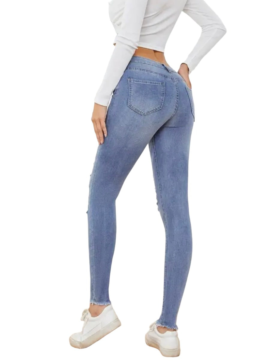 Mid Rise Ripped Holes Washed Skinny Jeans, Slant Pockets Raw Hem Stretchy Tight Jeans, Women's Denim Jeans & Clothing