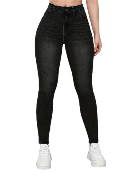 Elegant High-Waisted Black Denim Jeans for Women - Solid Black Color, Tight Fit, High Stretch Fabric, Woven, Button Detail, All-Season Wear