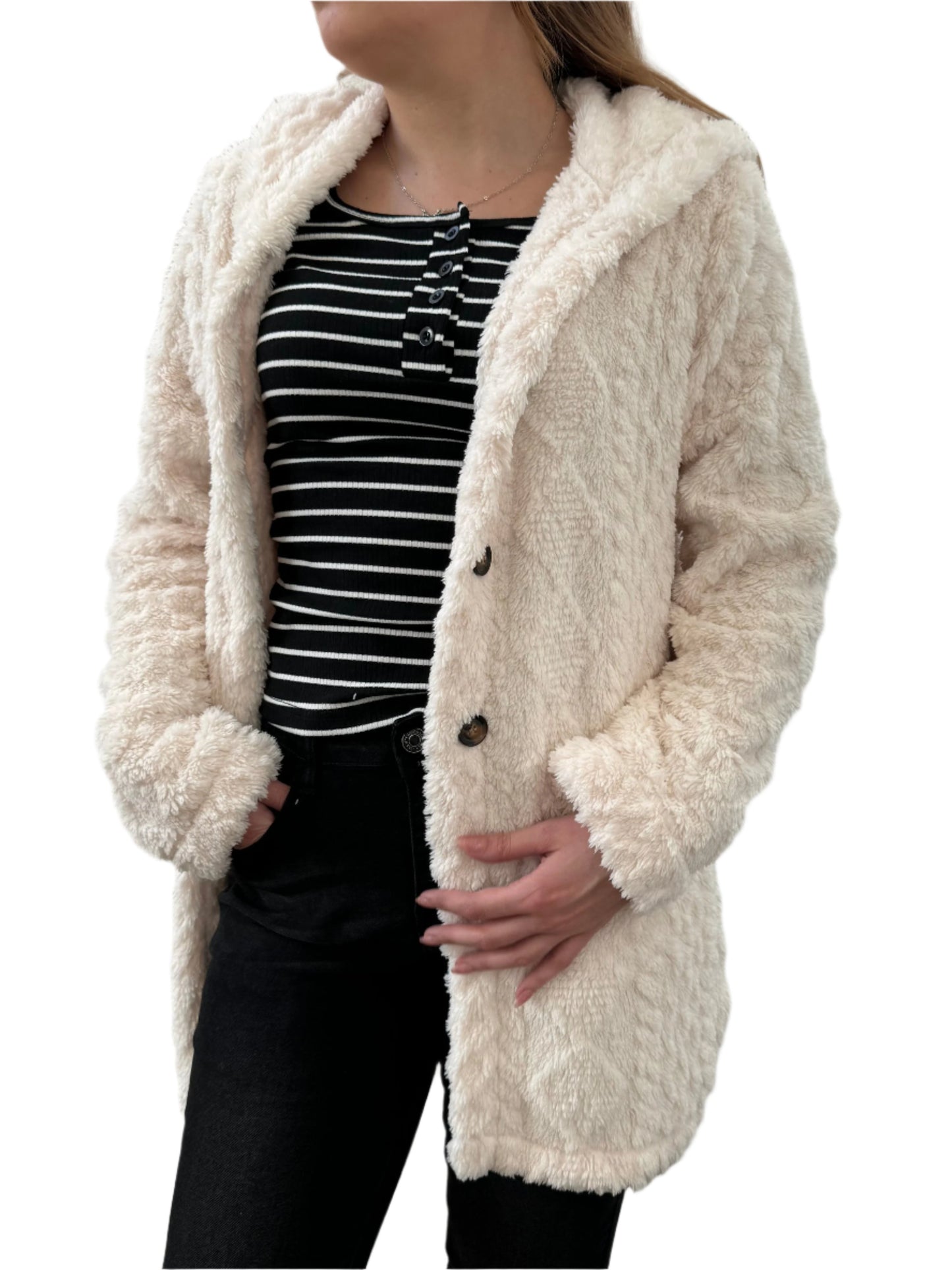 Solid Button Up Hooded Teddy Coat, Elegant Long Sleeve Split Side Faux Fur Outwear Jacket,Women's Clothing, Teddy  Autumn jackets Womenswear Comfort, Cozy Plush Fuzzy Sherpa Faux Shearling Coat