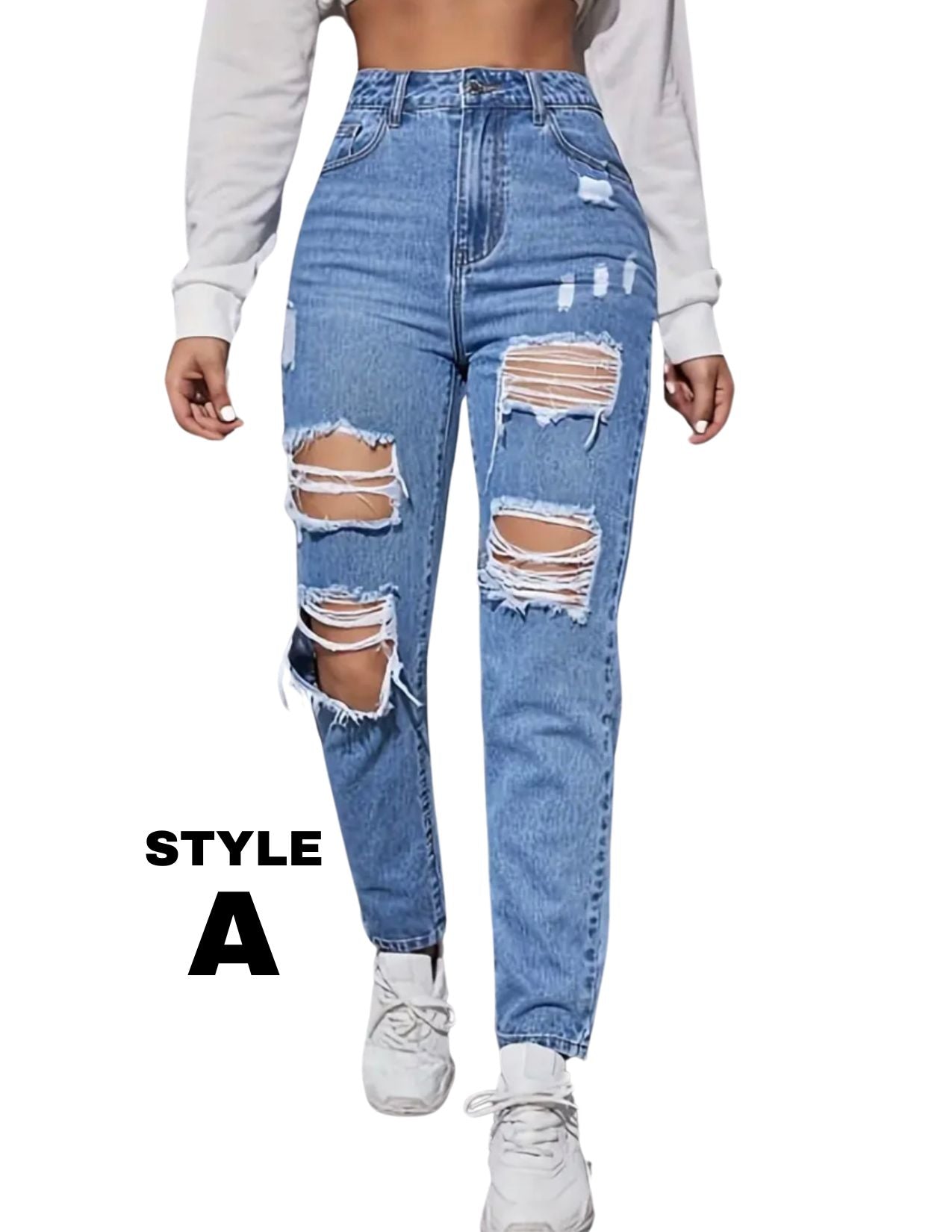 Ripped Holes Distressed, Baggy No Stretch Jeans with Holes, High Rise Washed Blue Streetwear Denim Pants, Women's and Girl’s Denim Jeans & Clothing