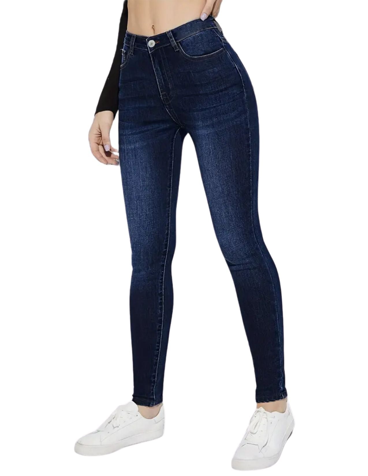 Elegant Skinny Jeans, Deep Blue Whisker Detail, Fashion Slim Fit Denim Pants, Casual Stretchy Bottom