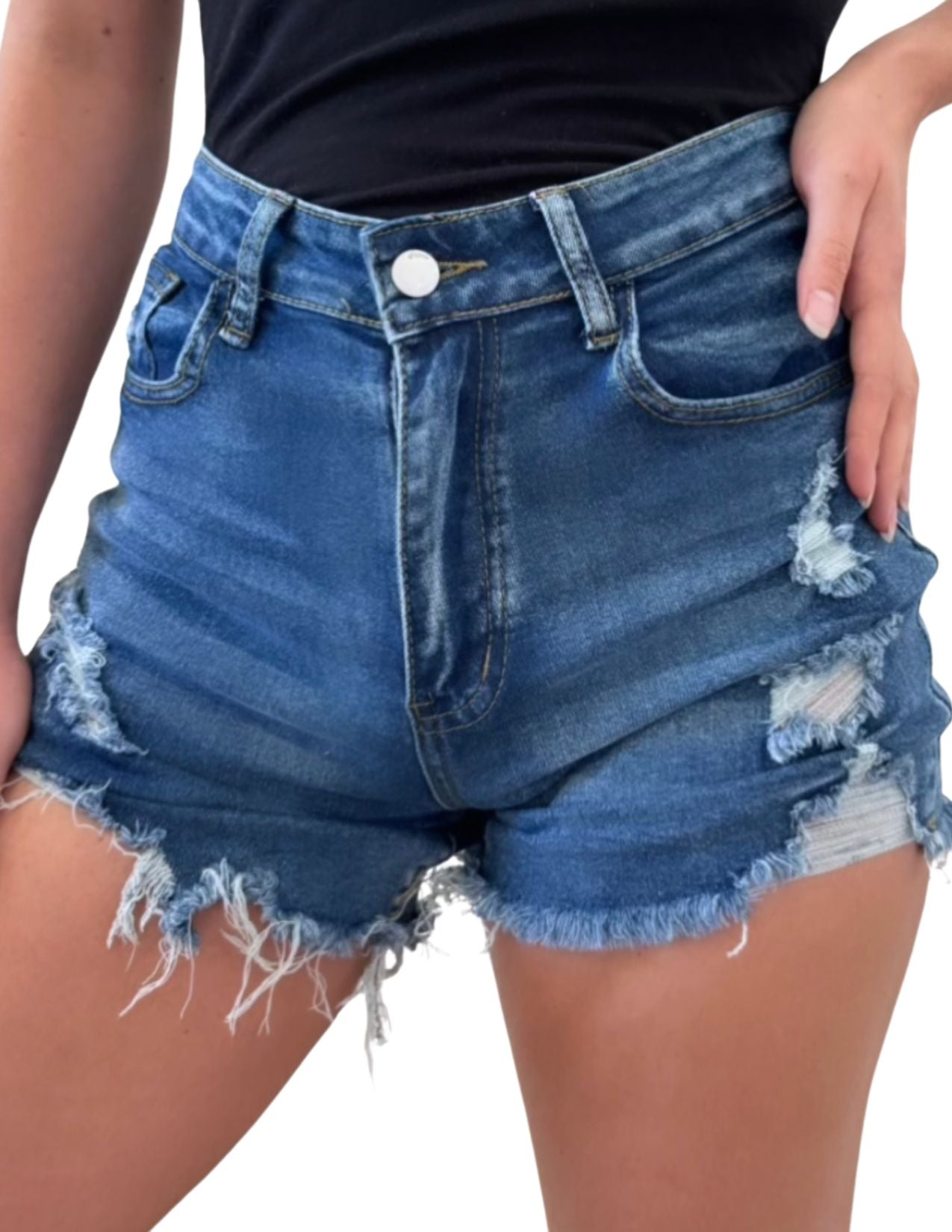 High Rise Stretchy Distressed Long Denim Blue Jean Shorts with Raw Hem, Whiskering Jean Shorts for Women, Comfortable Everyday, Long Shorts, Blue Denim Ripped Shorts, Bottom, Summer Shorts, Streetwear Minimalist, Beach Shorts, July 4th Shorts, Mom Shorts