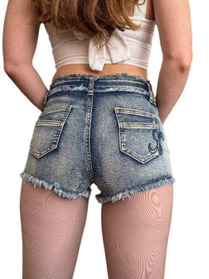 Low Rise Elegant Ripped Denim Jean Shorts with Designer Fake Front Pockets, Stretchy, Short and Comfy