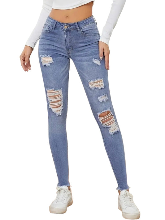 Mid Rise Ripped Holes Washed Skinny Jeans, Slant Pockets Raw Hem Stretchy Tight Jeans, Women's Denim Jeans & Clothing