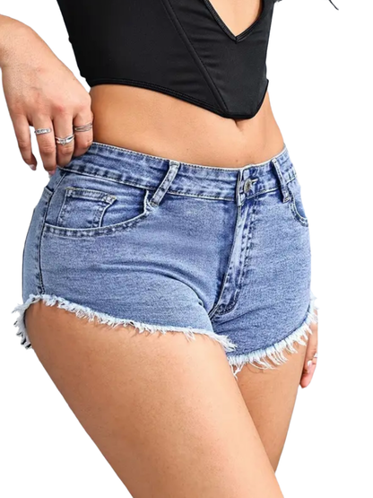 Low Rise Hot Plain Raw Hem Denim Shorts, Distressed Washed Blue Denim Shorts, Women's Denim Jeans & Clothing, Low Waist Denim Shorts