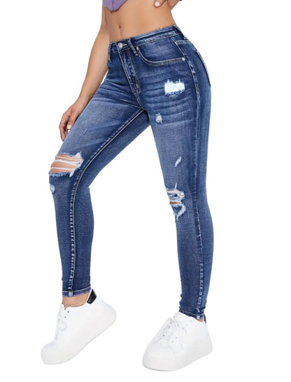 Mid Rise Blue Ripped Holes Skinny Jeans, Slim Fit Distressed Water Ripple Embossed Tight Jeans, Women's Denim Jeans & Clothing