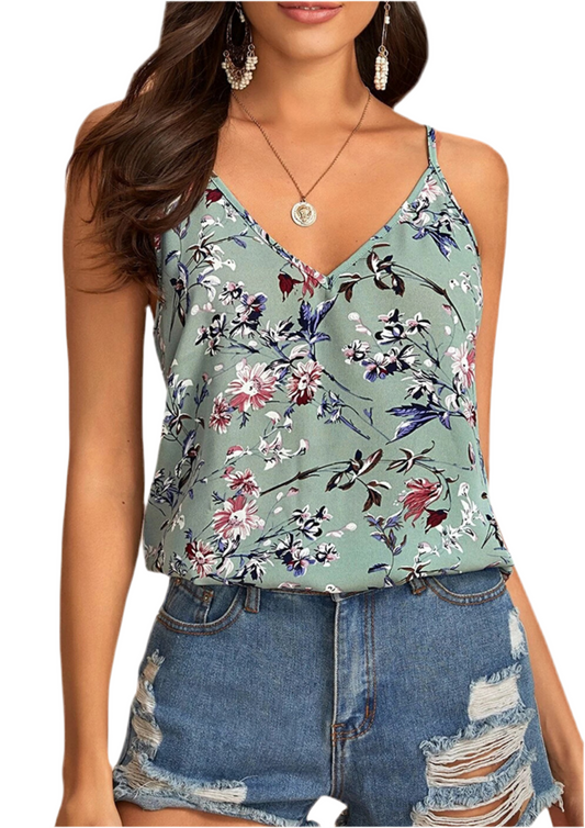 Floral V Neck Tank Top in Green