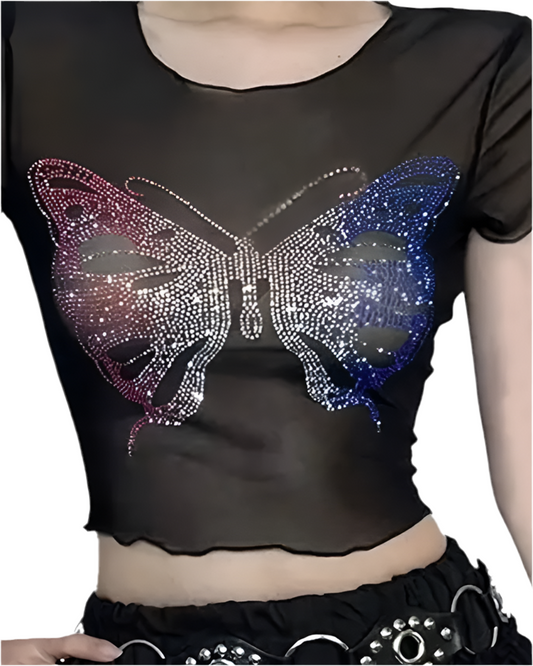 Sparkling Rhinestone Sheer Butterfly Crop Top - Breathable Mesh, Slim Fit & Feminine - Perfect for Spring & Summer Fashion - Womens Casual T-Shirt, Girly Tops,