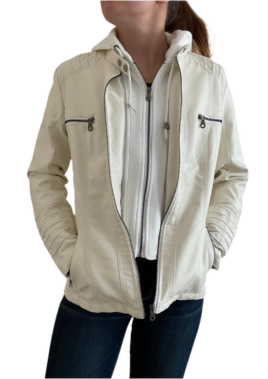 Women's White Leather Jacket with Removable Hood