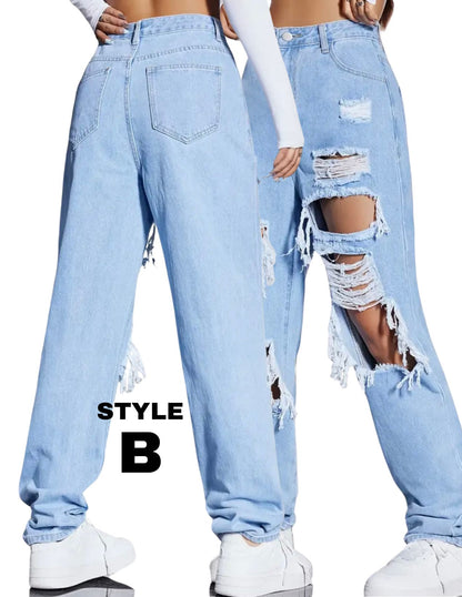 Ripped Holes Distressed, Baggy No Stretch Jeans with Holes, High Rise Washed Blue Streetwear Denim Pants, Women's and Girl’s Denim Jeans & Clothing