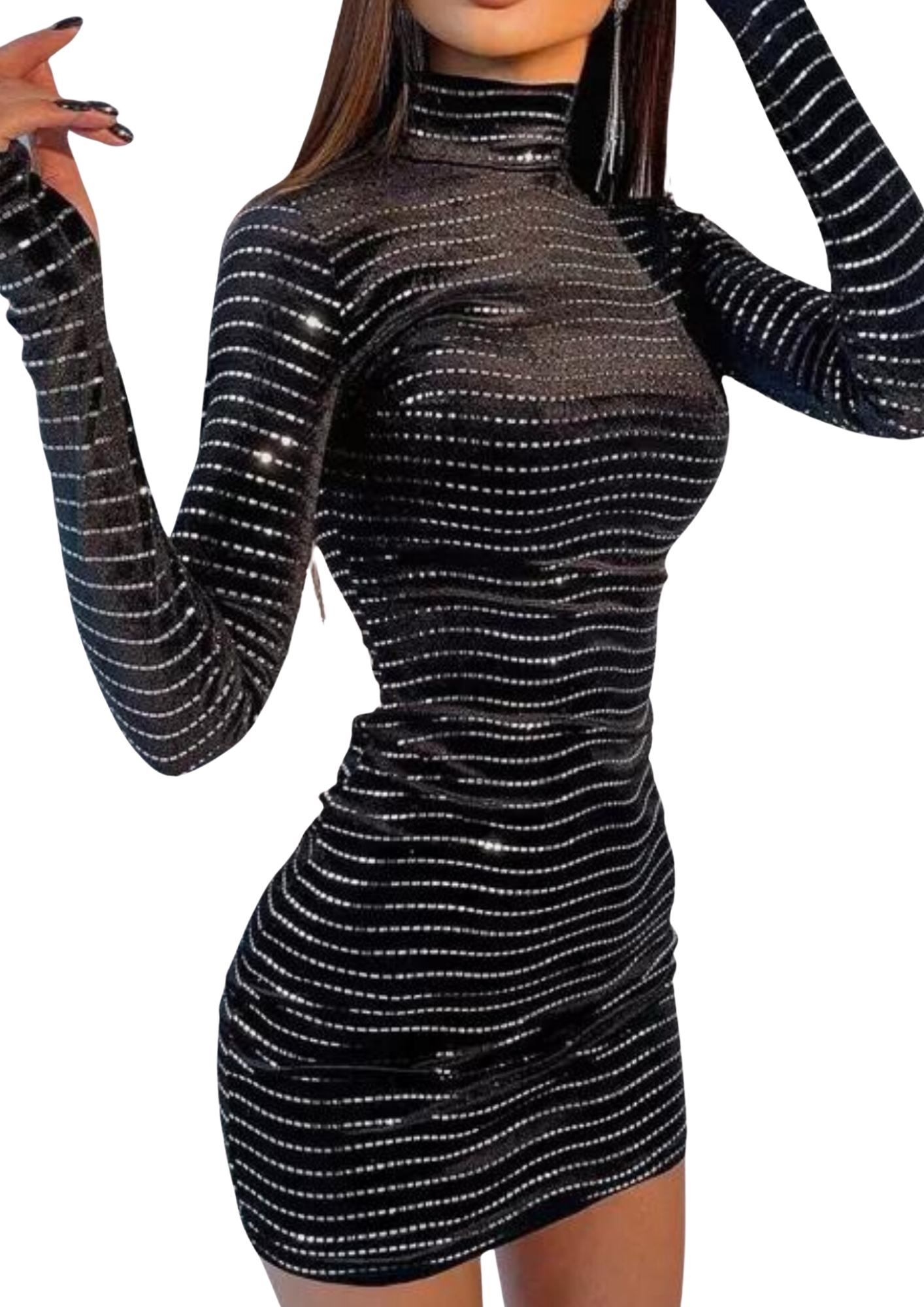 Shimmering Long Sleeve Black Velvet Dress