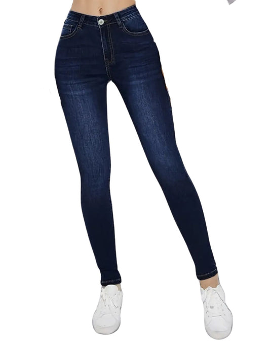 Elegant Skinny Jeans, Deep Blue Whisker Detail, Fashion Slim Fit Denim Pants, Casual Stretchy Bottom