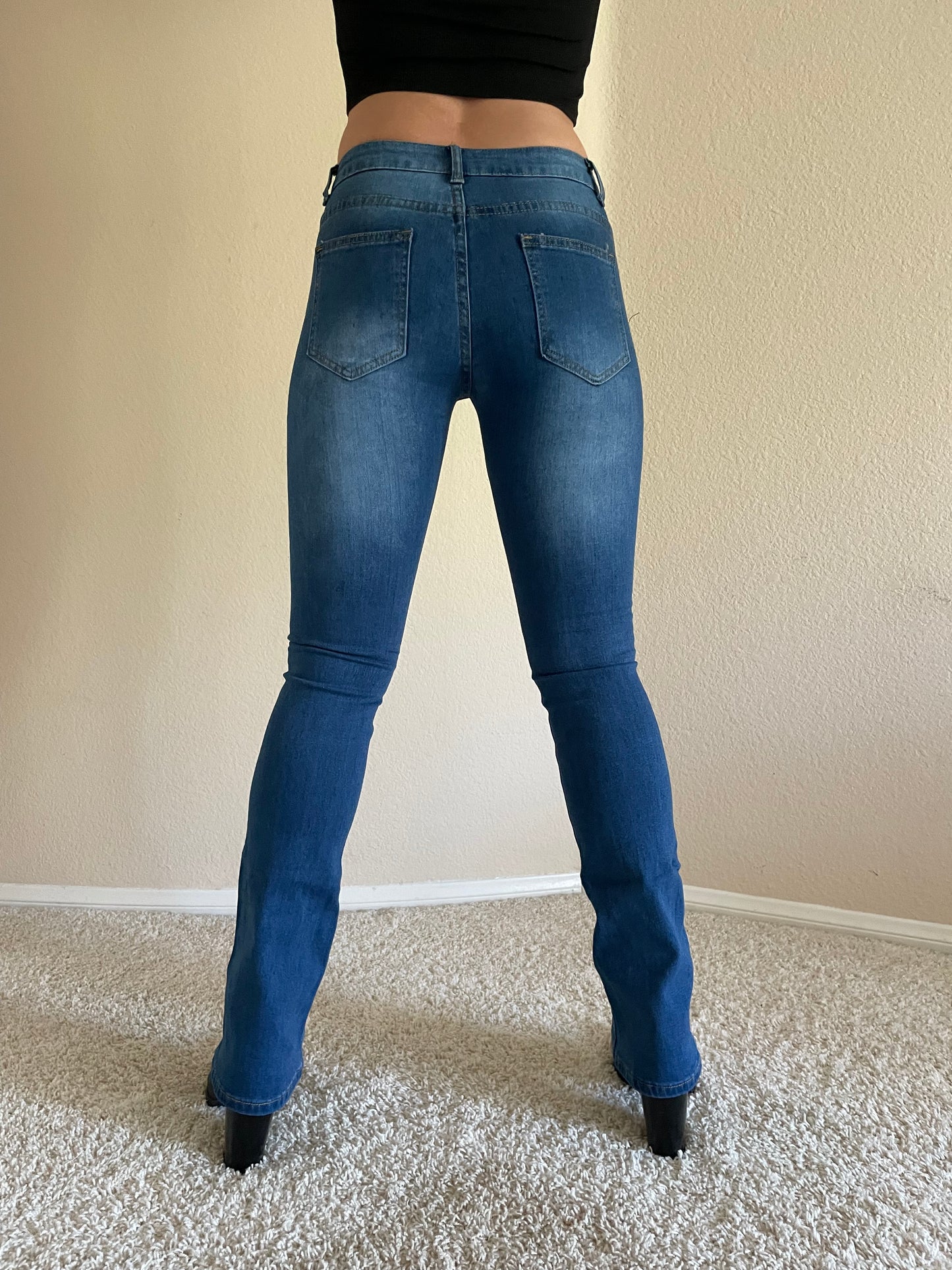 Low Rise Skinny Bootcut Jeans in Dark Blue Denim