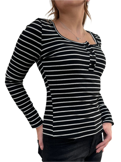 Elegant Striped Long Sleeve Henley Knit Top with Button Detail - Crew Neck, Polyester, Slim Fit, Regular Length, Medium Stretch - Women's Fashion Top