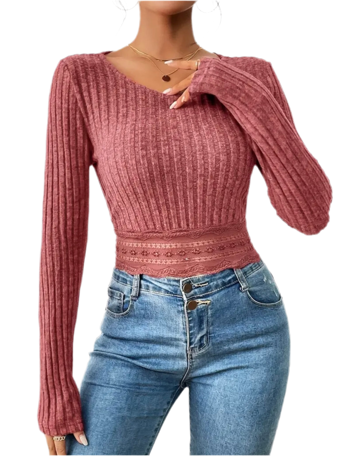 Lace Hem Ribbed Top, Casual Crew Neck Long Sleeve Cropped Top, Women's Clothing