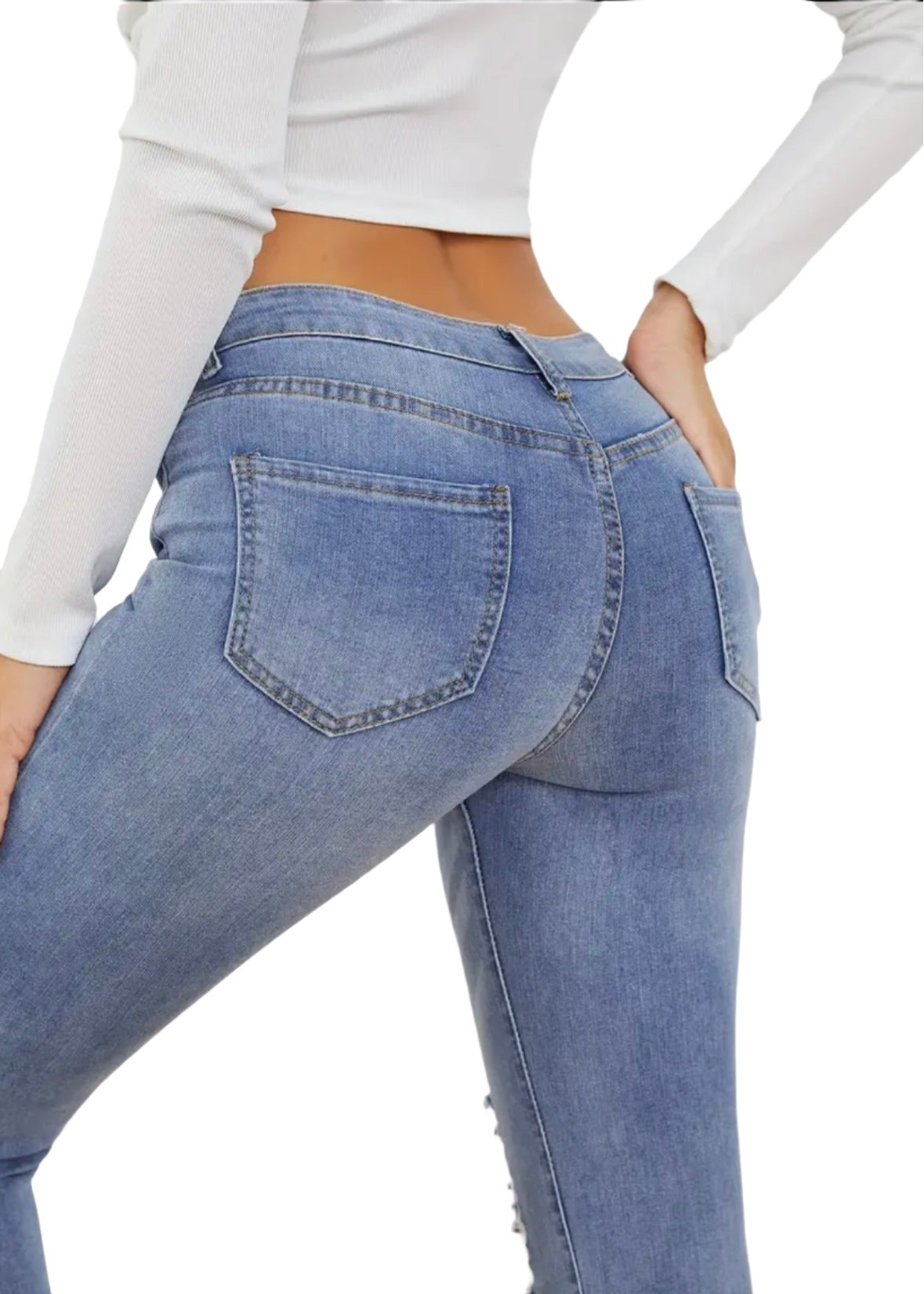 Mid Rise Ripped Holes Washed Skinny Jeans, Slant Pockets Raw Hem Stretchy Tight Jeans, Women's Denim Jeans & Clothing