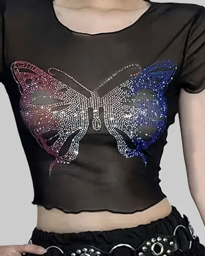 Sparkling Rhinestone Sheer Butterfly Crop Top - Breathable Mesh, Slim Fit & Feminine - Perfect for Spring & Summer Fashion - Womens Casual T-Shirt, Girly Tops,