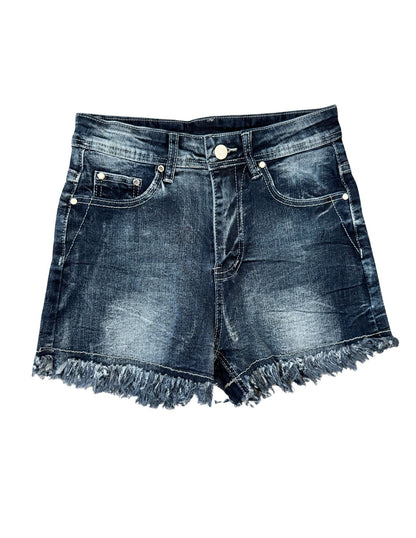 Mid Rise Embroidered Whisker Denim Shorts, Slim Fit Versatile Casual Style, Frayed Hem, Midrise Summer Shorts Fashion