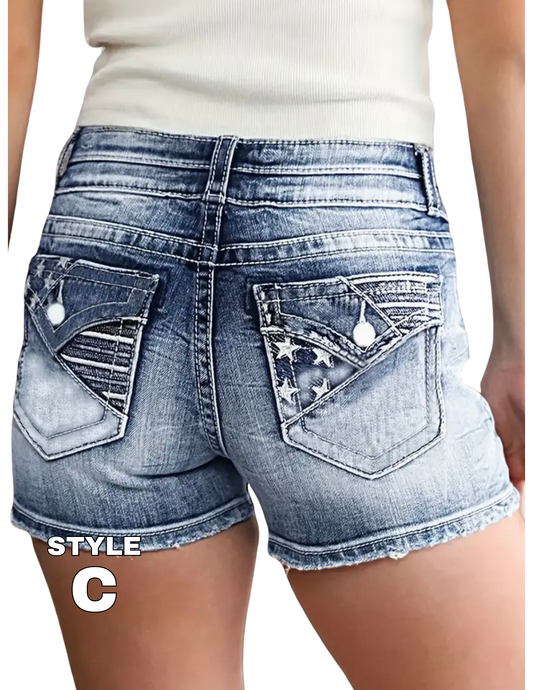 Embroidery Detail Raw Hem Retro Style Denim Shorts with US Flag Stars & Stripes, Ripped Slash Pocket Casual Denim Shorts