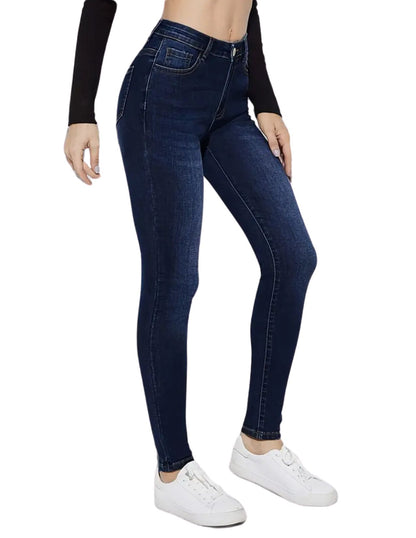 Elegant Skinny Jeans, Deep Blue Whisker Detail, Fashion Slim Fit Denim Pants, Casual Stretchy Bottom