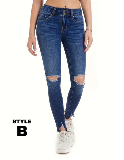 Ripped Distressed Skinny Jeans, High Rise, Slim Fit Stretchy Tight Jeans, Women's Denim Jeans & Clothing