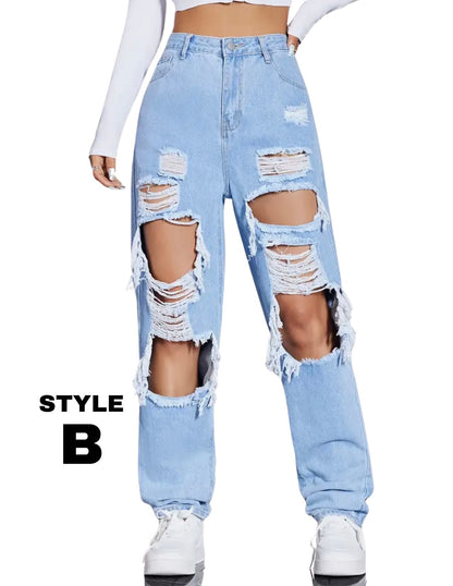 Ripped Holes Distressed, Baggy No Stretch Jeans with Holes, High Rise Washed Blue Streetwear Denim Pants, Women's and Girl’s Denim Jeans & Clothing