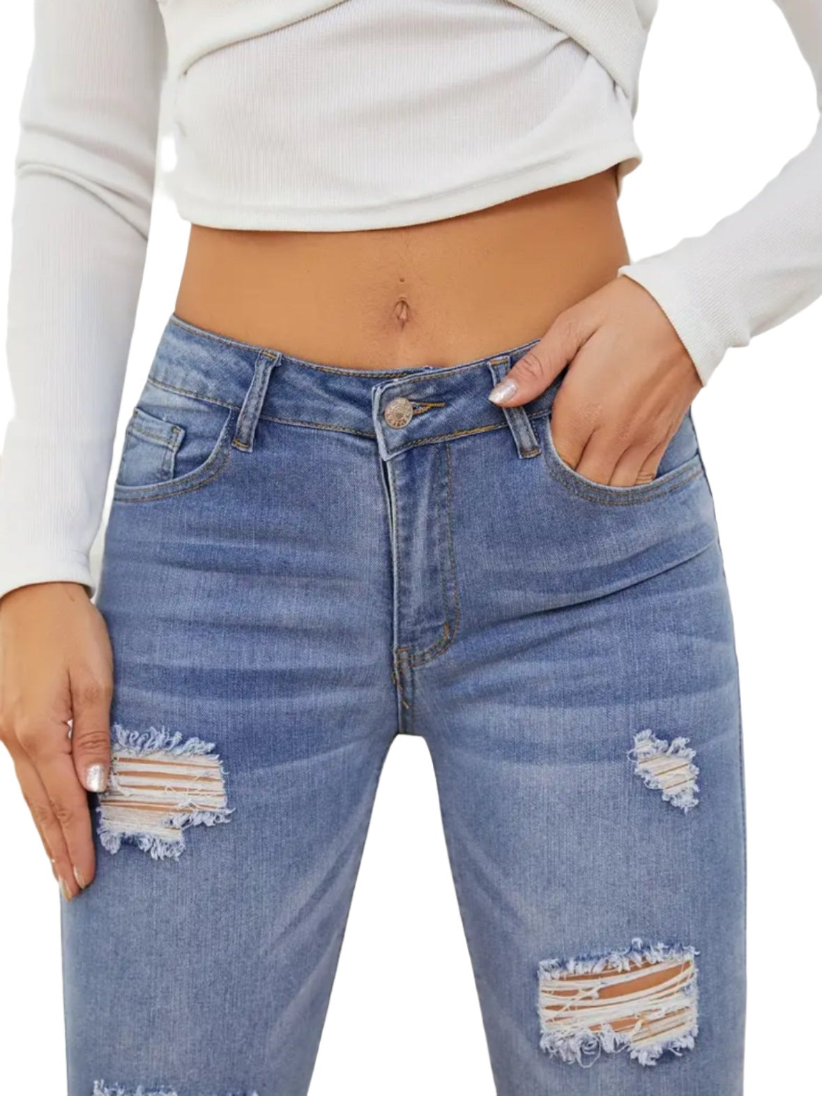 Mid Rise Ripped Holes Washed Skinny Jeans, Slant Pockets Raw Hem Stretchy Tight Jeans, Women's Denim Jeans & Clothing