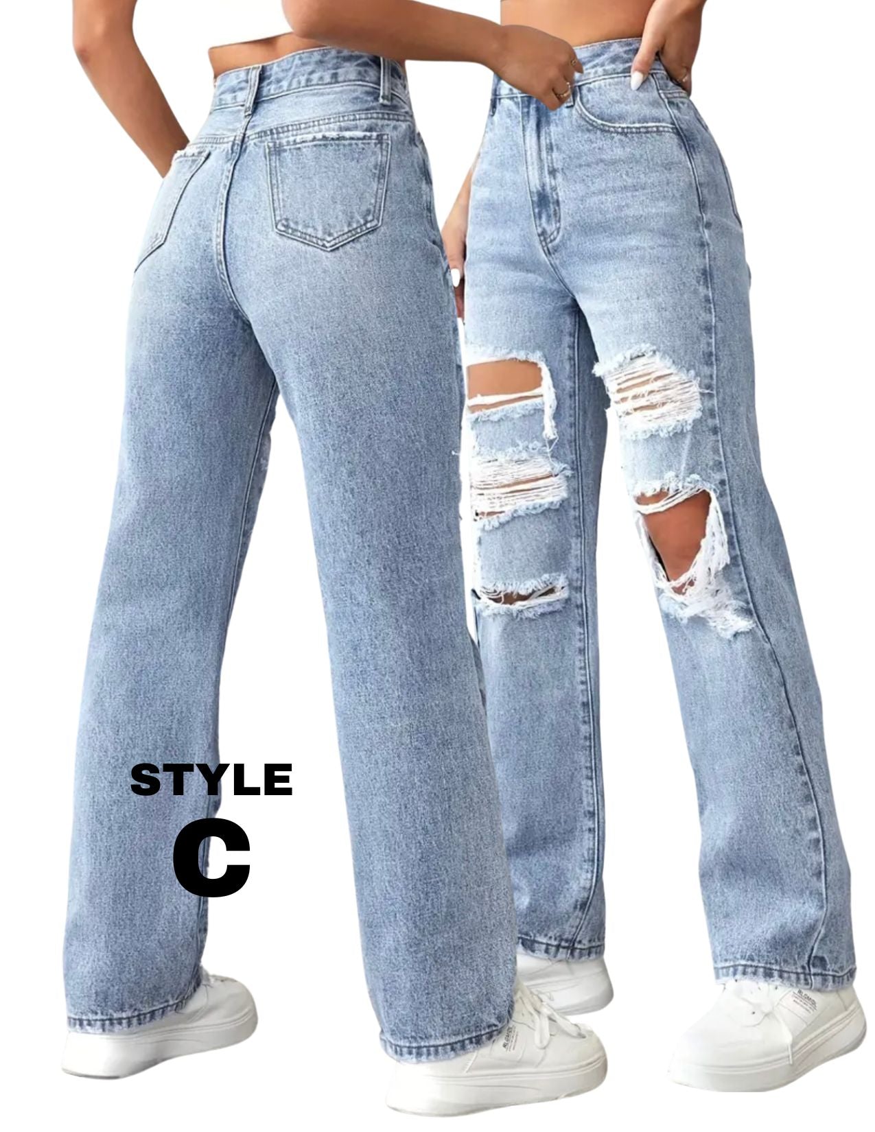 Ripped Holes Distressed, Baggy No Stretch Jeans with Holes, High Rise Washed Blue Streetwear Denim Pants, Women's and Girl’s Denim Jeans & Clothing