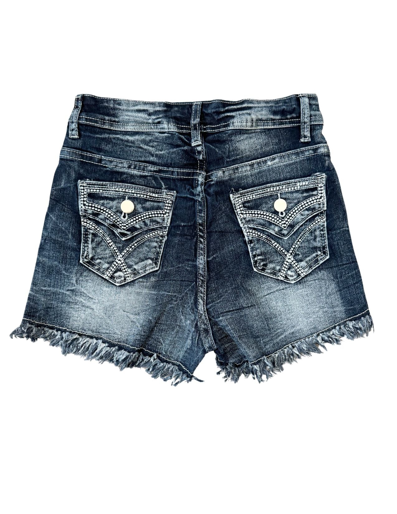 Mid Rise Embroidered Whisker Denim Shorts, Slim Fit Versatile Casual Style, Frayed Hem, Midrise Summer Shorts Fashion