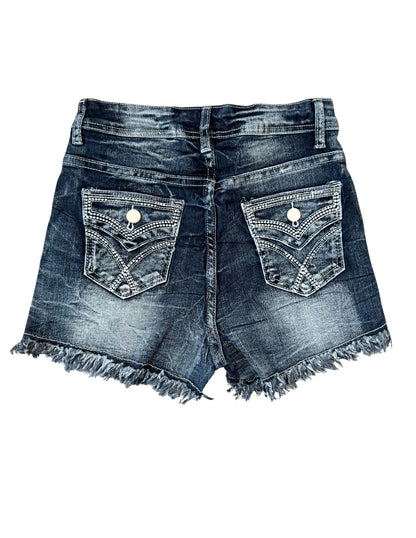 Mid Rise Embroidered Whisker Denim Shorts, Slim Fit Versatile Casual Style, Frayed Hem, Midrise Summer Shorts Fashion